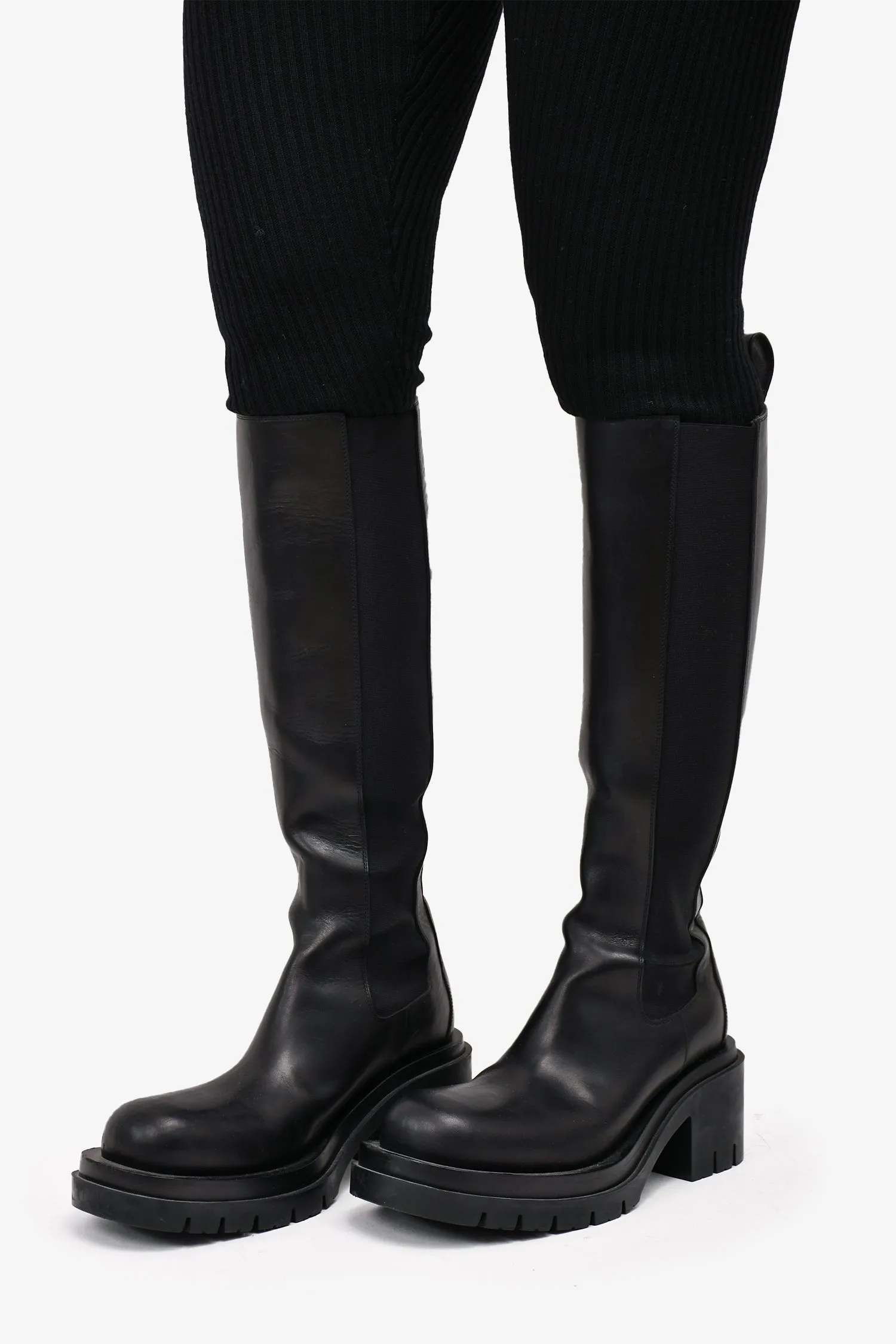 Bottega Veneta Black Leather Knee High Chunky Boot Size 41