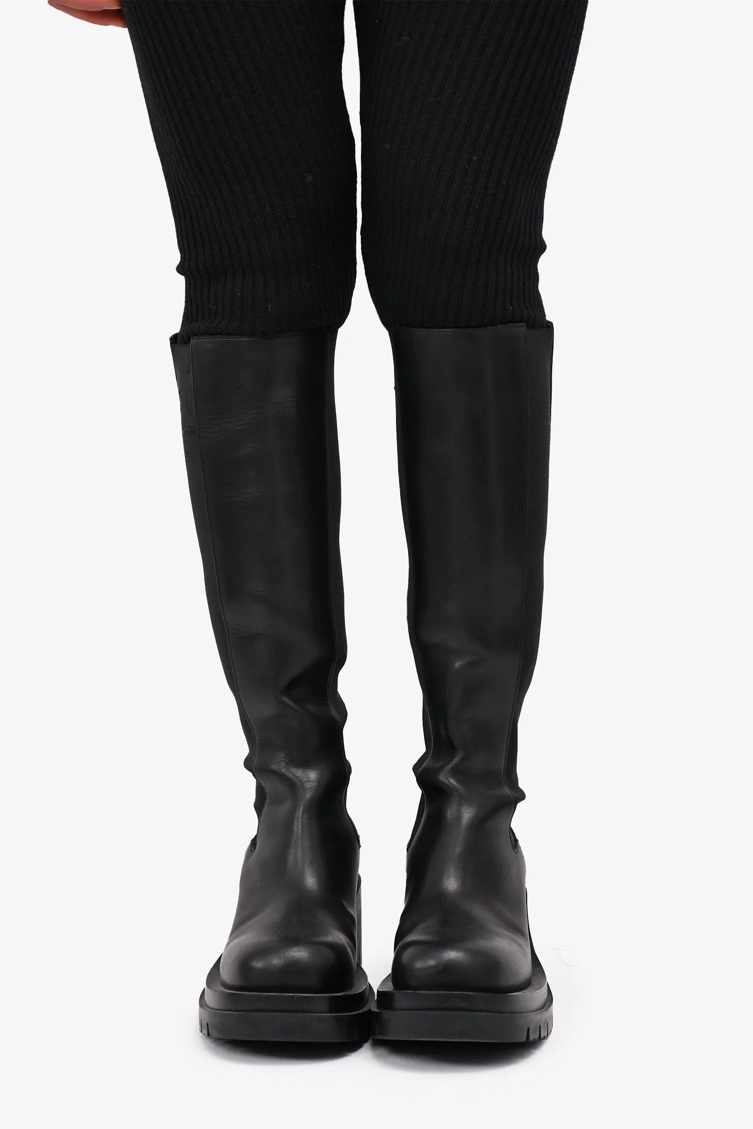 Bottega Veneta Black Leather Knee High Chunky Boot Size 41