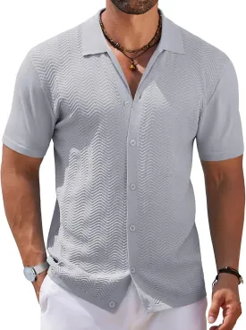 COOFANDY Mens Knit Short Sleeve Shirt Casual Button Down Shirt Vintage Fashion Polo Shirts Crochet Summer Beach Shirts
