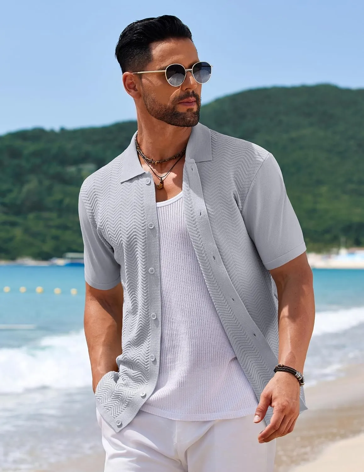 COOFANDY Mens Knit Short Sleeve Shirt Casual Button Down Shirt Vintage Fashion Polo Shirts Crochet Summer Beach Shirts