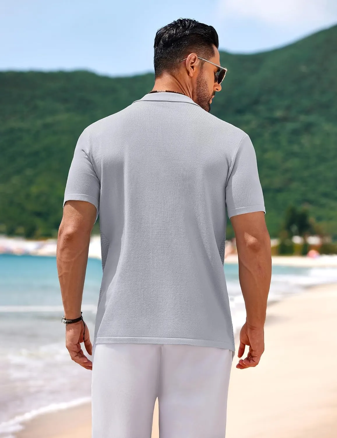 COOFANDY Mens Knit Short Sleeve Shirt Casual Button Down Shirt Vintage Fashion Polo Shirts Crochet Summer Beach Shirts
