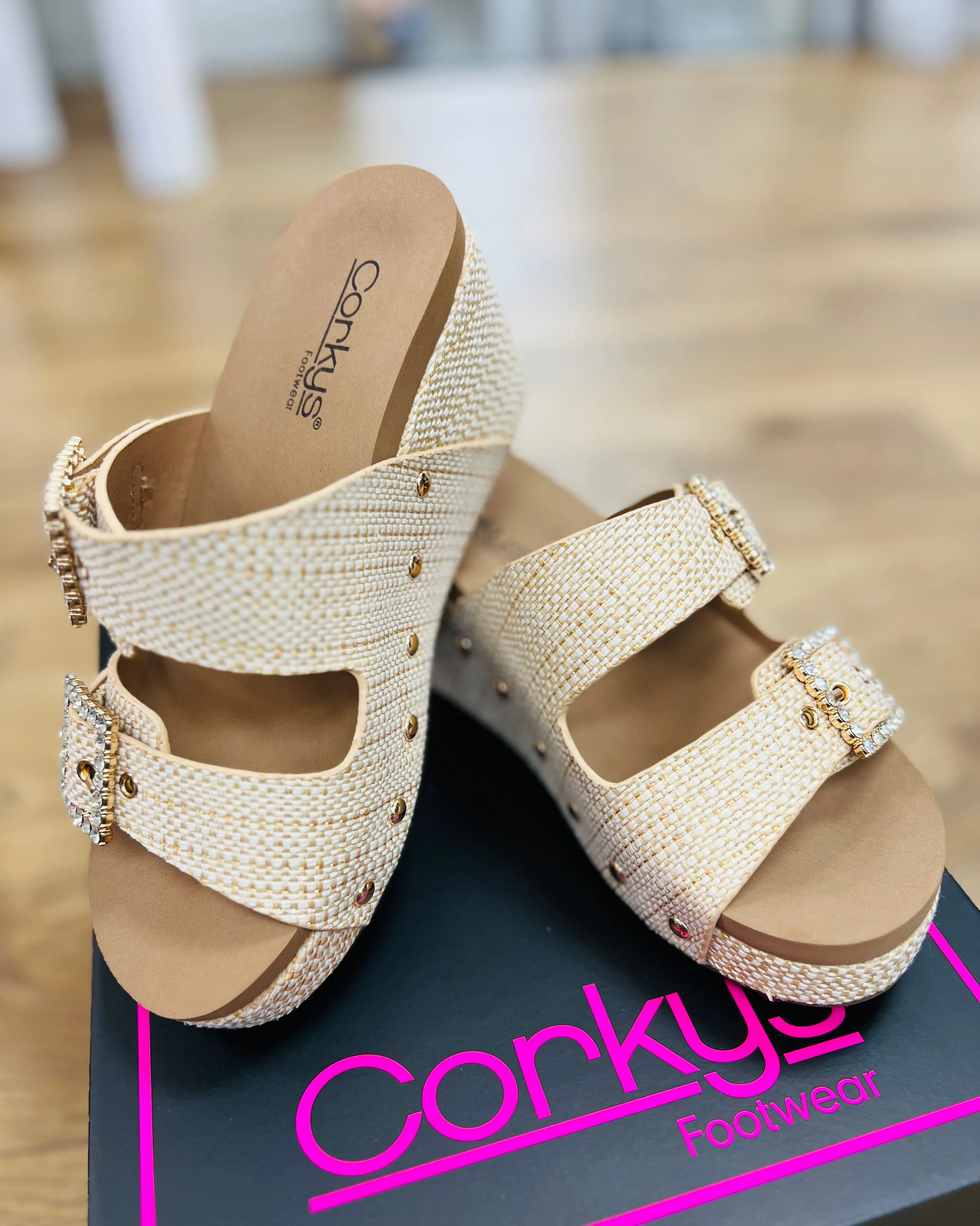 Corkys Main Squeeze Raffia Wedges with Adjustable Straps