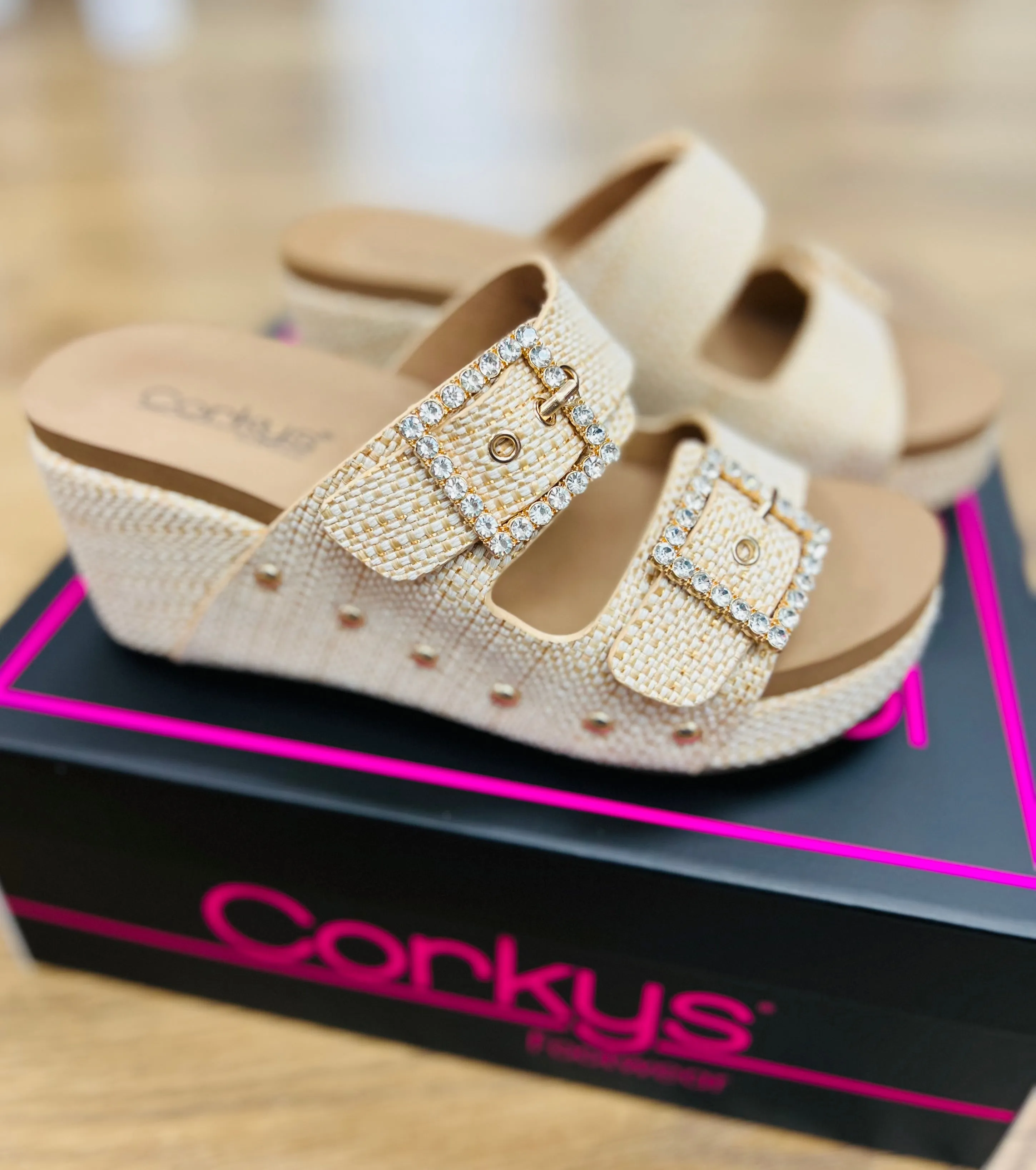 Corkys Main Squeeze Raffia Wedges with Adjustable Straps