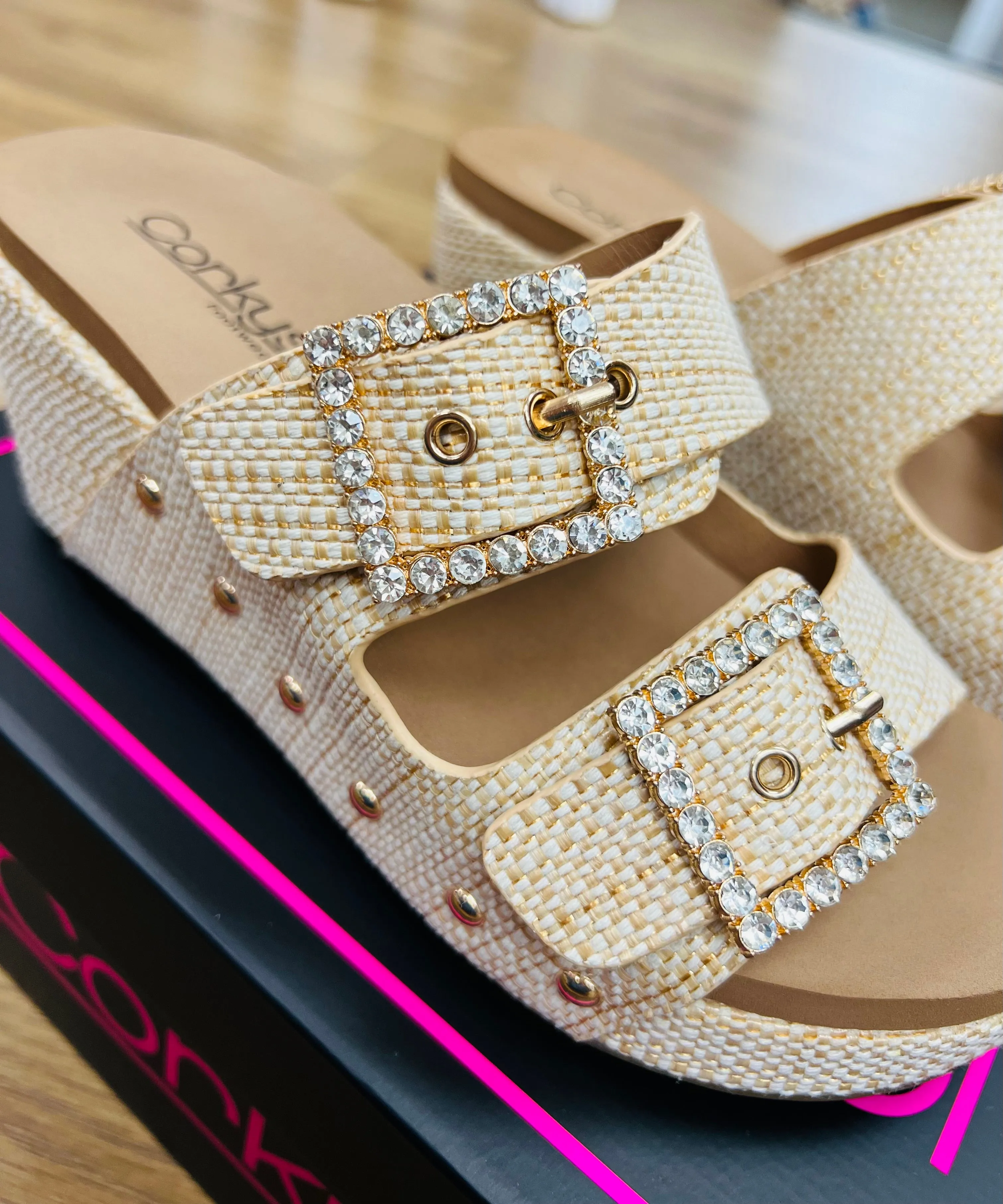 Corkys Main Squeeze Raffia Wedges with Adjustable Straps