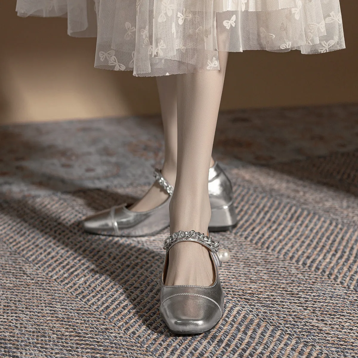 elveswallet Silver thick heel round toe Mary Jane shoes