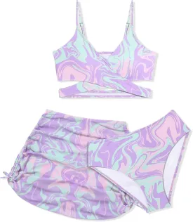 Girls Swimsuits 3 Piece Bathing Suit Allover Printed Criss Cross Bikini Set with Cover Up Skirt Beach Swimwear 7-16 Years