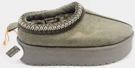 H.O.S Chunky Faux Suede Women's Green Embroidered Platform Cozy Slippers Shoes