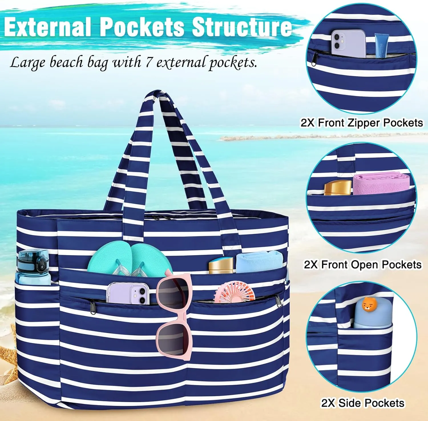 HUANLANG Extra Large Beach Bag Waterproof Beach Totes Bags for Women Men,Pool Bag with Zipper Wet Pocket