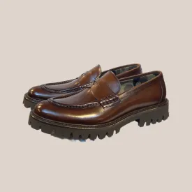 Leather Penny Loafer with Lug Sole Tread - Brown