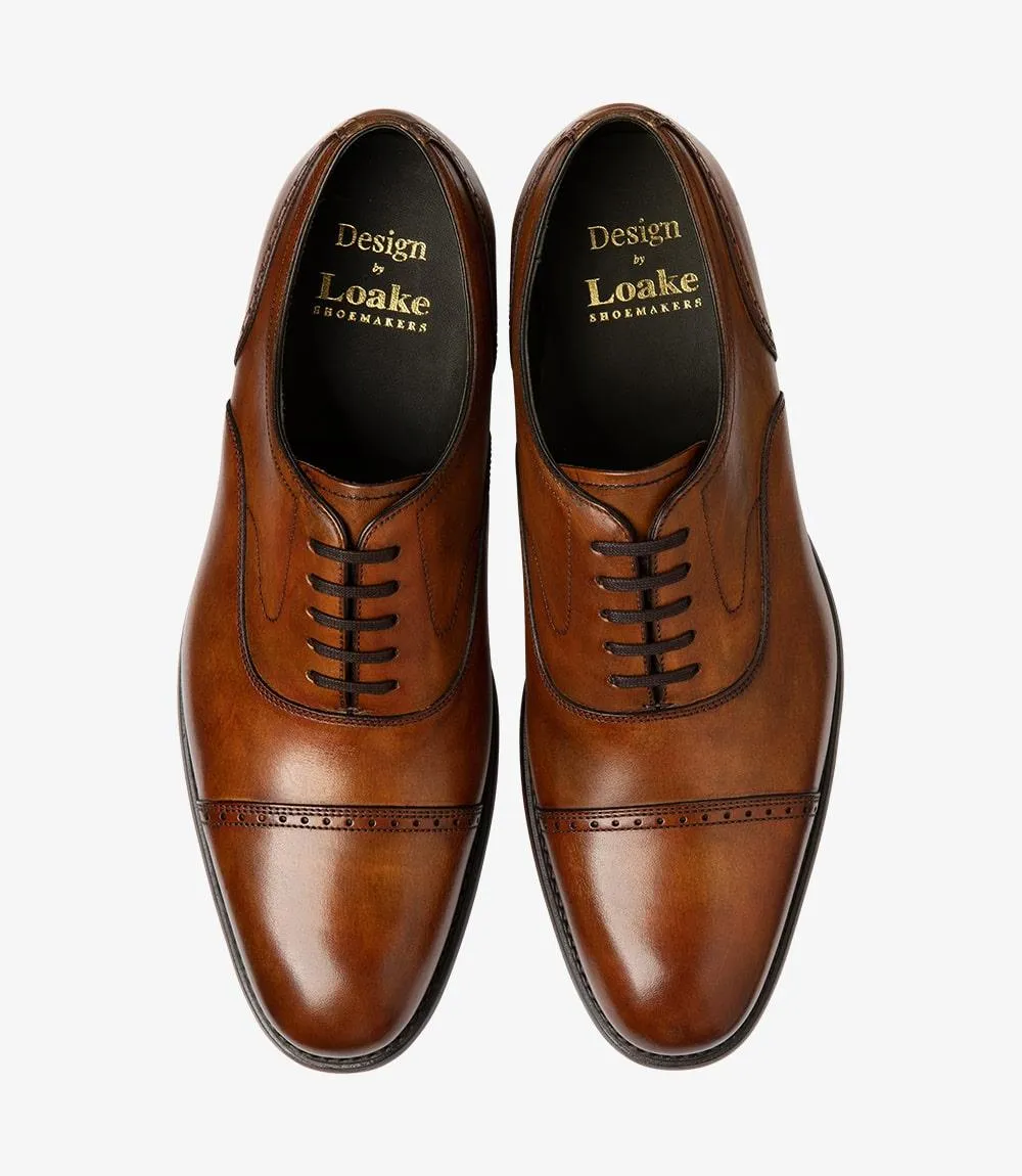 LOAKE HUGHES CHESTNUT OXFORD SEMI BROGUE LEATHER/RUBBER SOLE F-MEDIUM