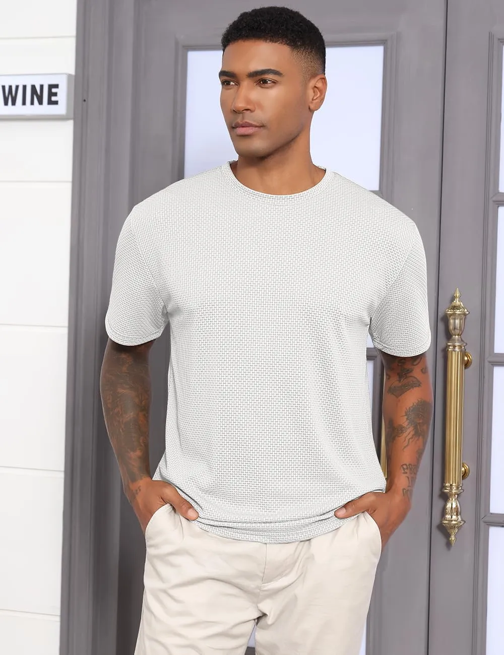 Men's Casual T-Shirts Knit Short Sleeve Crewneck Shirts Casual Stylish Knitted Pullover Tees Top