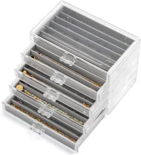 Necklace Organizer Box with 5 Drawers 30 Compartments, Dustproof Velvet Necklace Display Tray, Acrylic Necklaces Display Case, Pendant Chains Necklace Storage Tray Gift for Women and Girls (Grey)