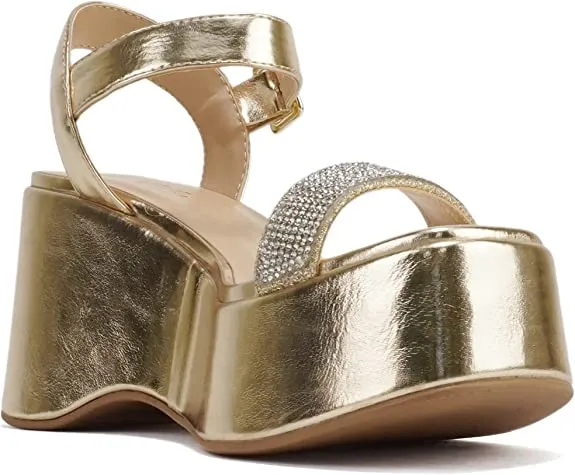 Women Open Square Toe Platform Rhinestone Band Ankle Strap Wedge Sandal