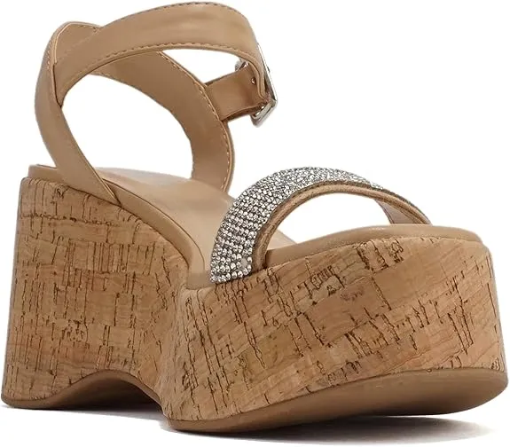 Women Open Square Toe Platform Rhinestone Band Ankle Strap Wedge Sandal