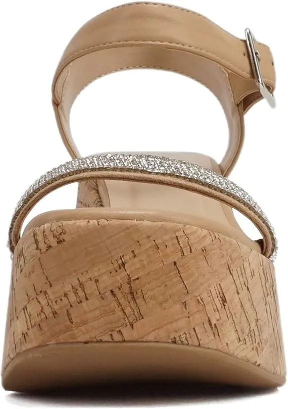 Women Open Square Toe Platform Rhinestone Band Ankle Strap Wedge Sandal