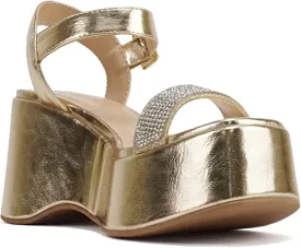 Women Open Square Toe Platform Rhinestone Band Ankle Strap Wedge Sandal