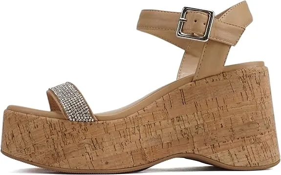 Women Open Square Toe Platform Rhinestone Band Ankle Strap Wedge Sandal