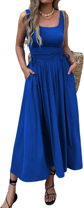 Women??s Boho Summer Maxi Dress with Pockets, Adjustable Waist, Sleeveless Casual Ruched Sundress for Beach Vacation