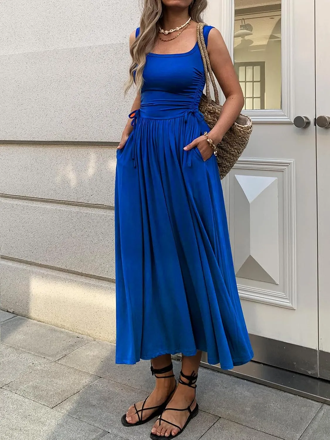Women??s Boho Summer Maxi Dress with Pockets, Adjustable Waist, Sleeveless Casual Ruched Sundress for Beach Vacation